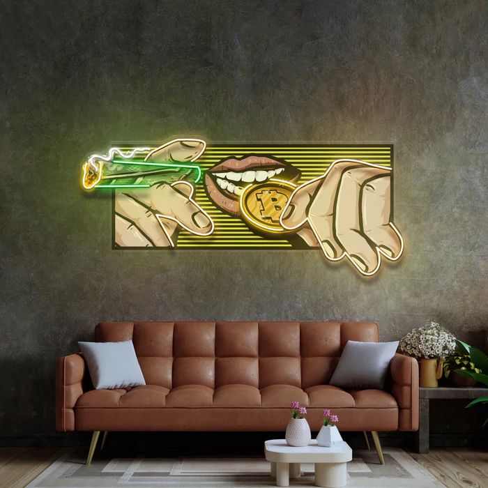 Yanan Para ve Bitcoin Neon Art – UV Baskı – Neon Led Tabela