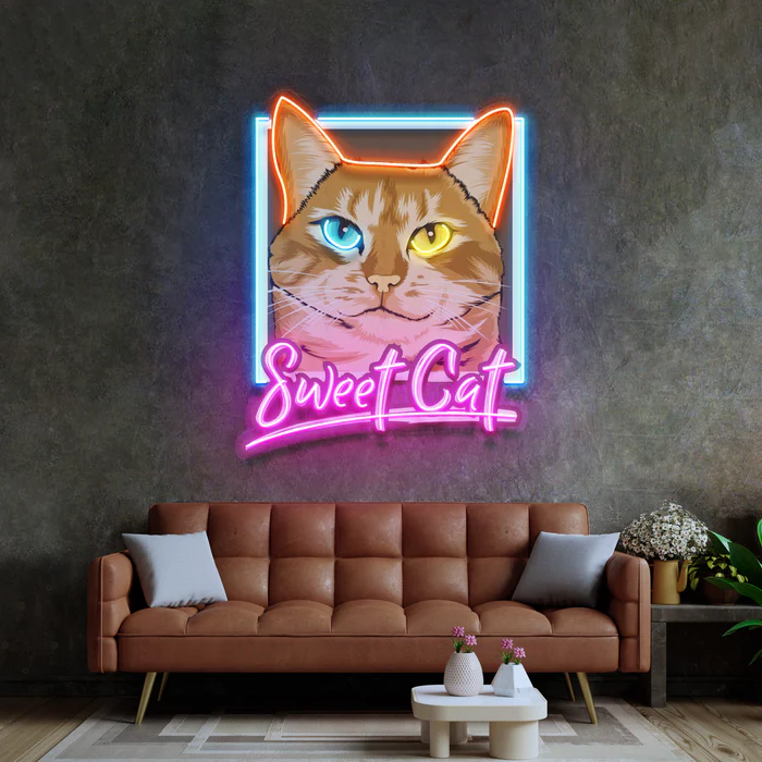 Sweet Cat Heterokromi Kedi Neon Art – UV Baskı – Neon Led Tabela