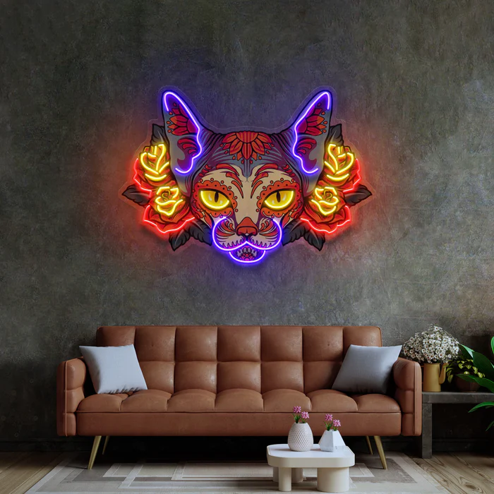 Sfenks Kedisi Neon Art – UV Baskı – Neon Led Tabela