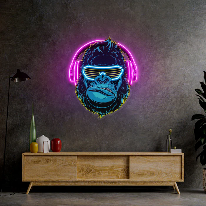 Kulaklıklı Goril Neon Art – UV Baskı – Neon Led Tabela