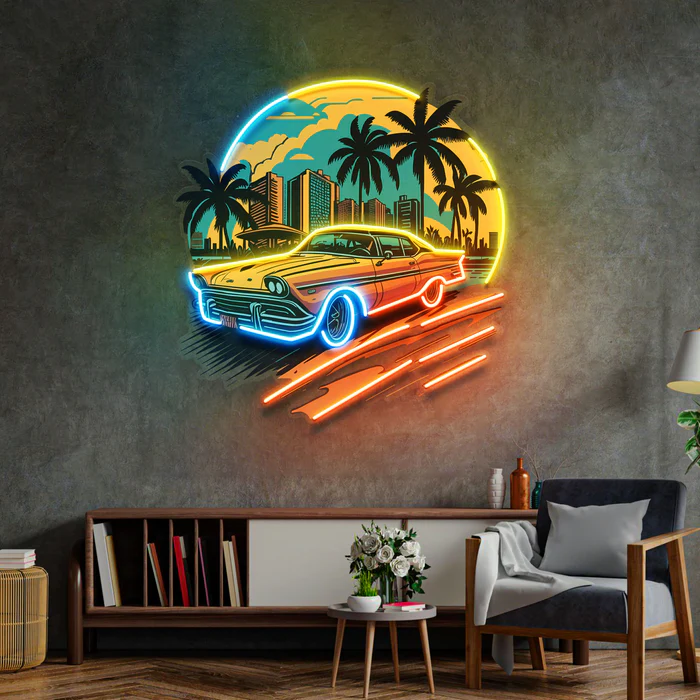 Araba Gün Batımı Neon Art – UV Baskı – Neon Led Tabela