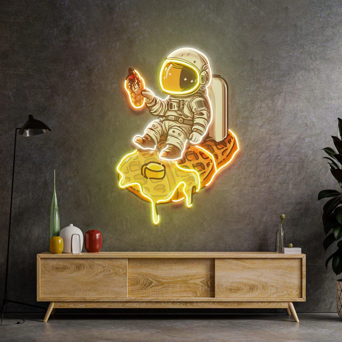 Waffle Astronot Neon Art – UV Baskı – Neon Led Tabela