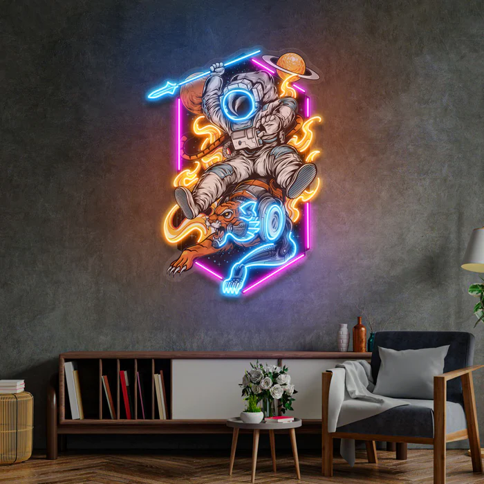 Savaşcı Astronot ve kaplan Neon Art – UV Baskı – Neon Led Tabela