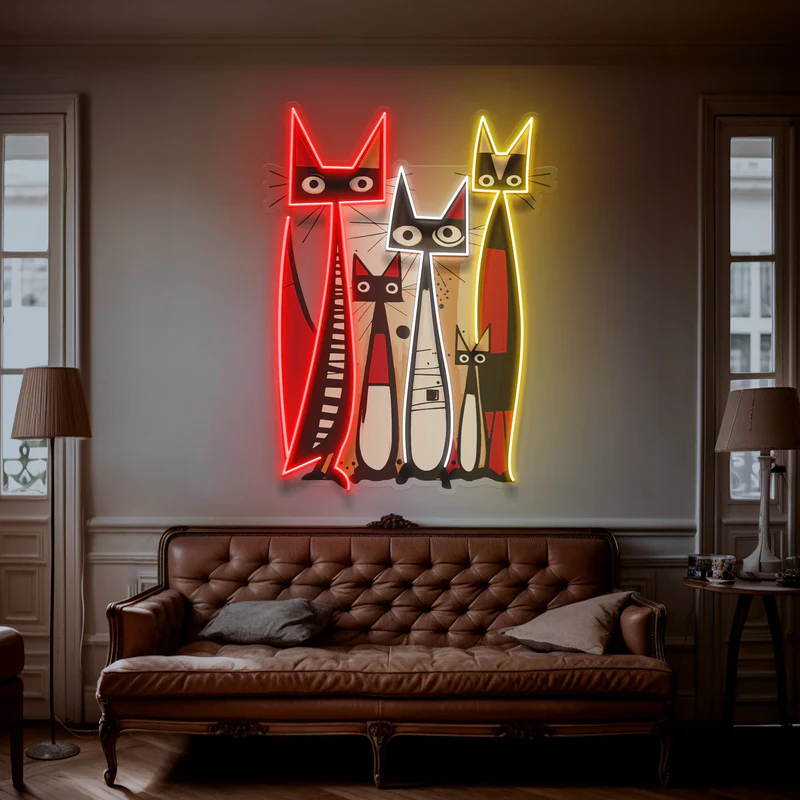 Soyut Kedi Ailesi Neon Art – UV Baskı – Neon Led Tabela