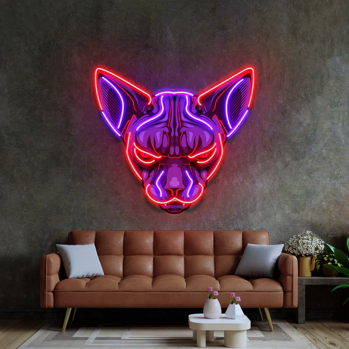Sfenks Kedisi Kafatası Neon Art – UV Baskı – Neon Led Tabela