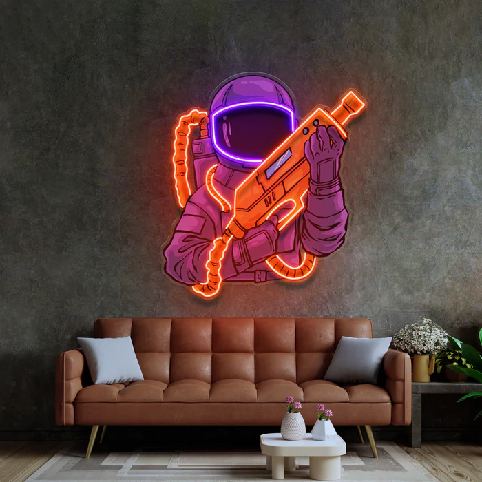 Silahlı Astronot Neon Art – UV Baskı – Neon Led Tabela
