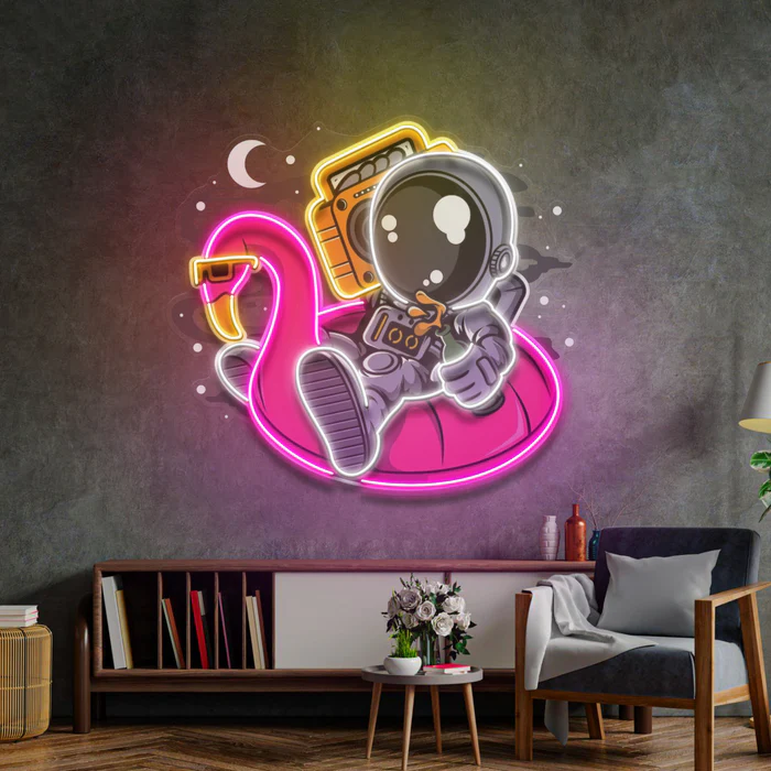 Astronot Flamingo Balon Neon Art – UV Baskı – Neon Led Tabela
