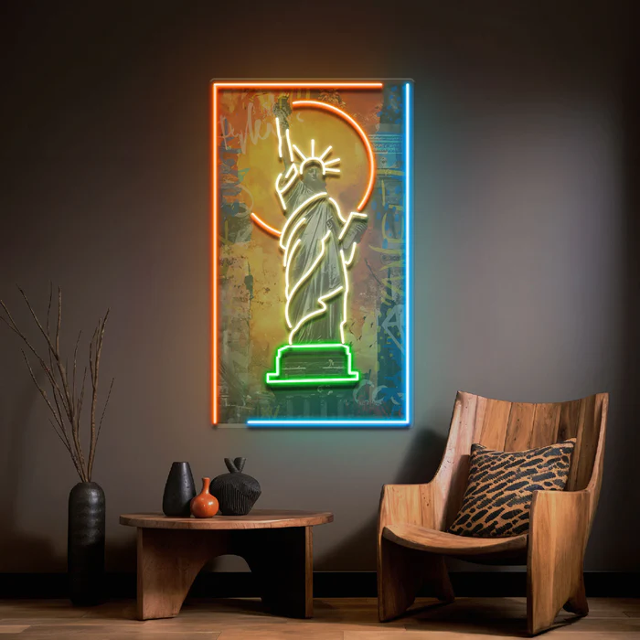 Renkli Özgürlük Heykeli Collapse Art LED Neon Tabela Pop Art