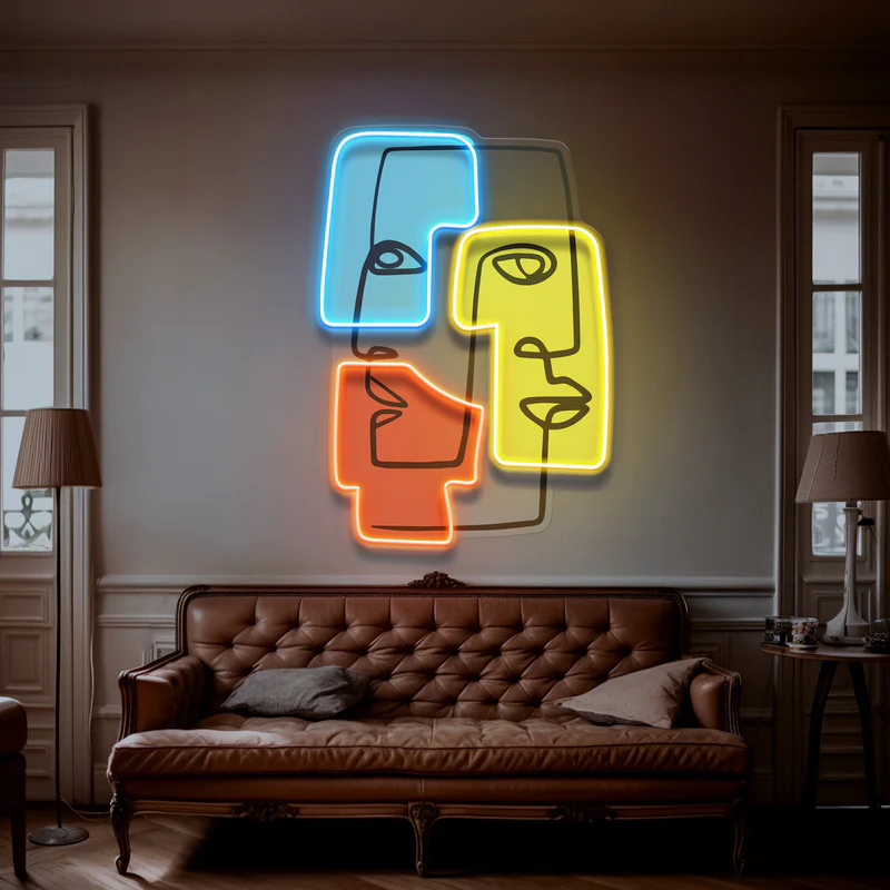 Soyut Yan Profil Yüz Karışımı Neon Art – UV Baskı – Neon Led Tabela