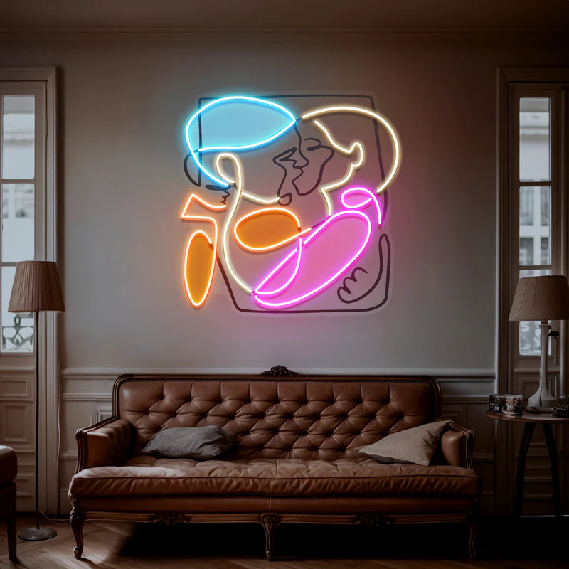Soyut Renkli Öpüşen İnsanlar Neon Art – UV Baskı – Neon Led Tabela