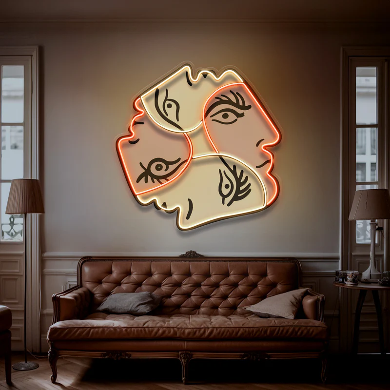 Soyut Dönen Dört Yüz Neon Art – UV Baskı – Neon Led Tabela