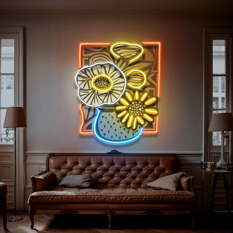 Vazo İçinde Soyut Çiçek Neon Art – UV Baskı – Neon Led Tabela