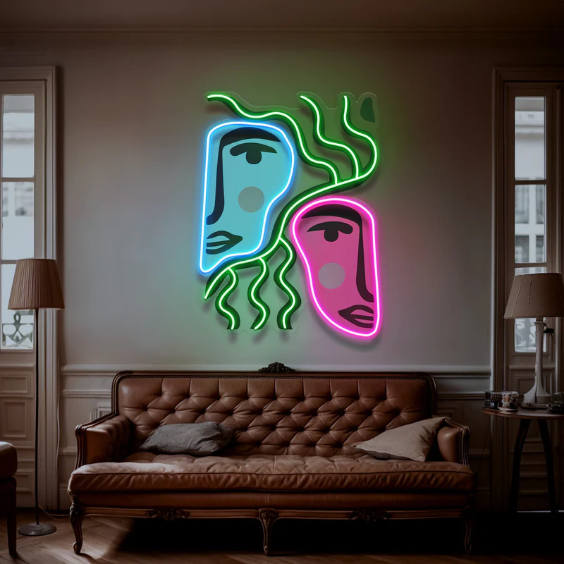 Renkli Soyut Yüzler Neon Art – UV Baskı – Neon Led Tabela