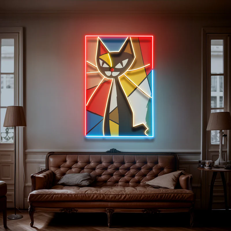 Renkli Soyut Kedi Neon Art – UV Baskı – Neon Led Tabela