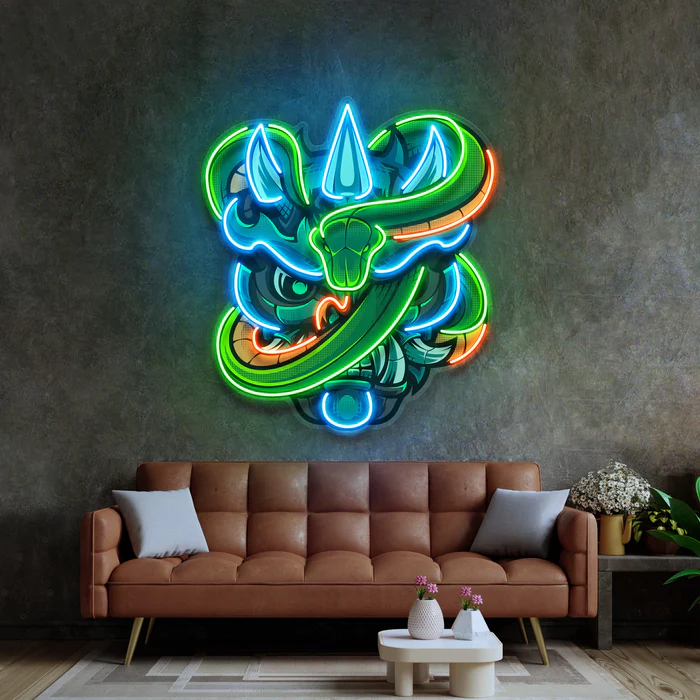Oni Kafası ve Yeşil Yılan Neon Art – UV Baskı – Neon Led Tabela