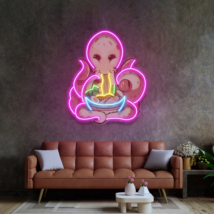 Ramen yiyen Ahtapot Neon Art – UV Baskı – Neon Led Tabela