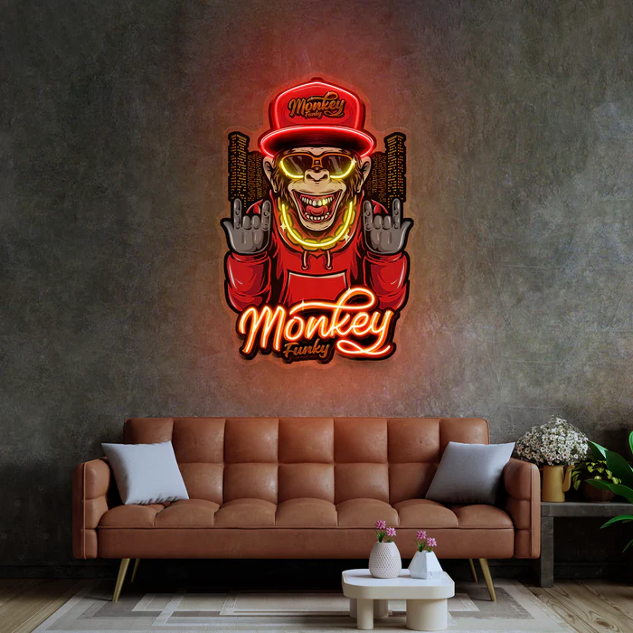Altın Kolyeli Maymun Neon Art – UV Baskı – Neon Led Tabela