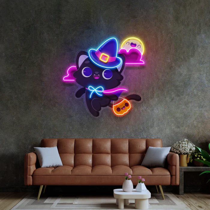 Cadılar Bayramı Kedi Neon Art – UV Baskı – Neon Led Tabela