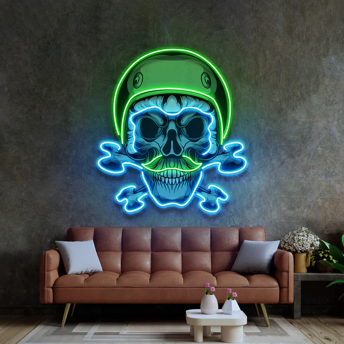 Yeşil İskelet Motorcu Neon Art – UV Baskı – Neon Led Tabela