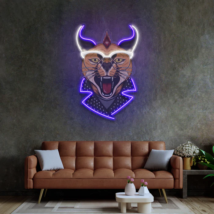 Karakulak Kedi Neon Art – UV Baskı – Neon Led Tabela