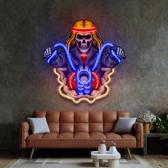 Motorcu İskelet Neon Art – UV Baskı – Neon Led Tabela