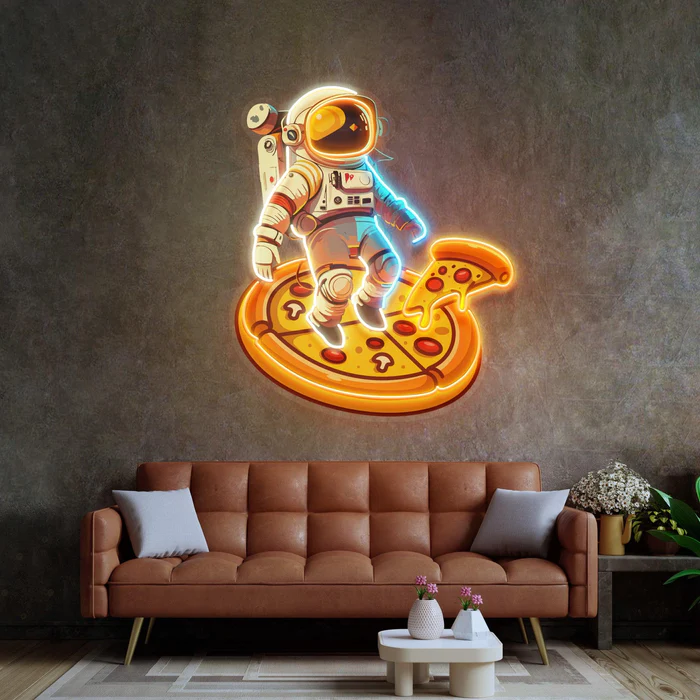Astronot Pizza Neon Art – UV Baskı – Neon Led Tabela
