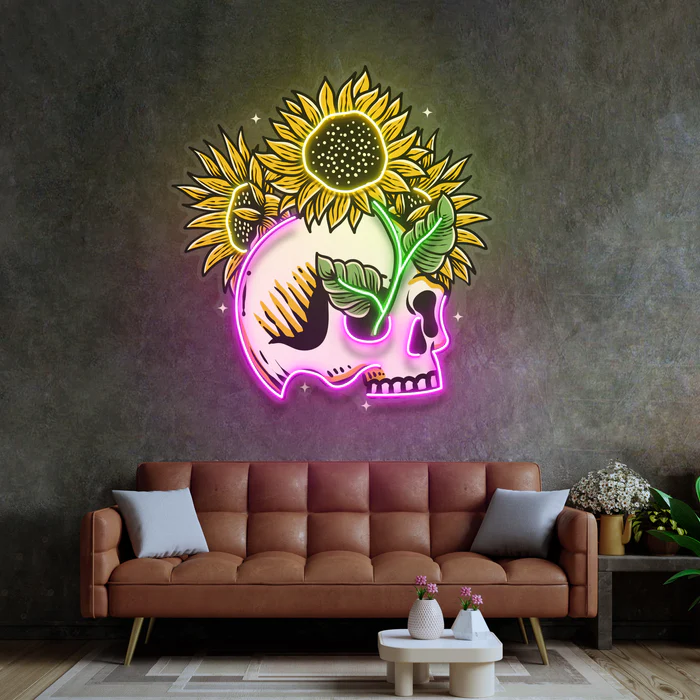 Kafatası Ay Çiçeği Neon Art – UV Baskı – Neon Led Tabela