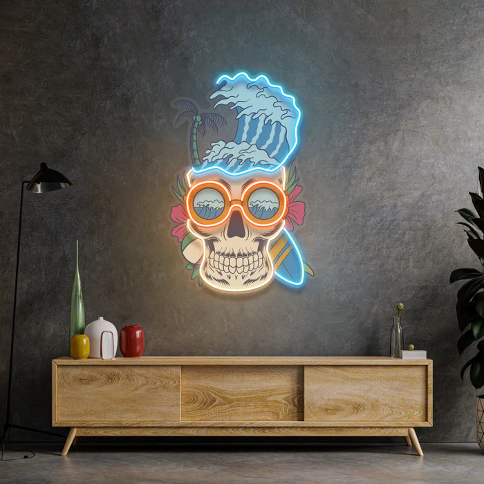 Kafatası Plaj Neon Art – UV Baskı – Neon Led Tabela