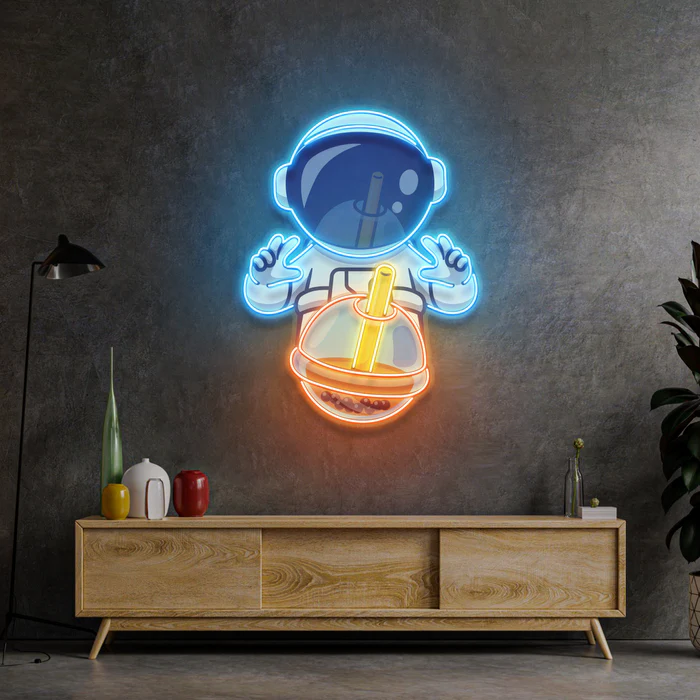 Bubble Tea Astronot Neon Art – UV Baskı – Neon Led Tabela