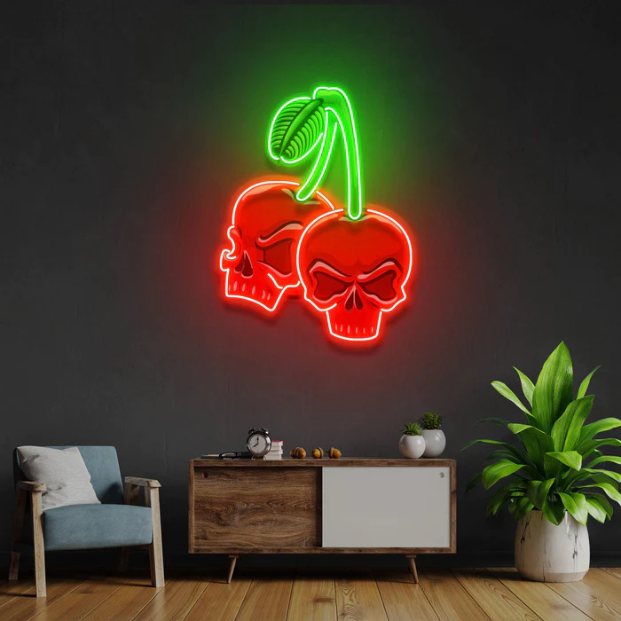 Kafatası Kiraz Neon Art – UV Baskı – Neon Led Tabela