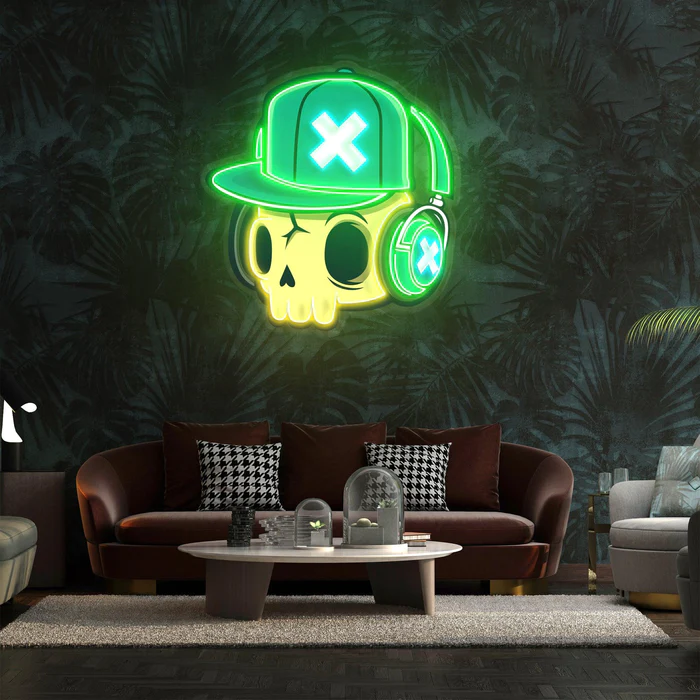 Kulaklıklı Şapkalı Kafatası Neon Art – UV Baskı – Neon Led Tabela