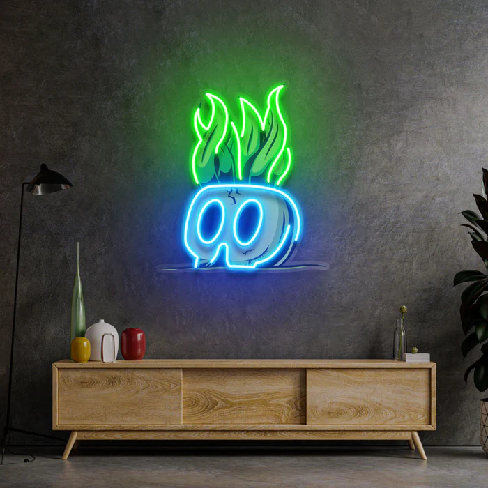 Kafatası Saksı Bitki Neon Art – UV Baskı – Neon Led Tabela