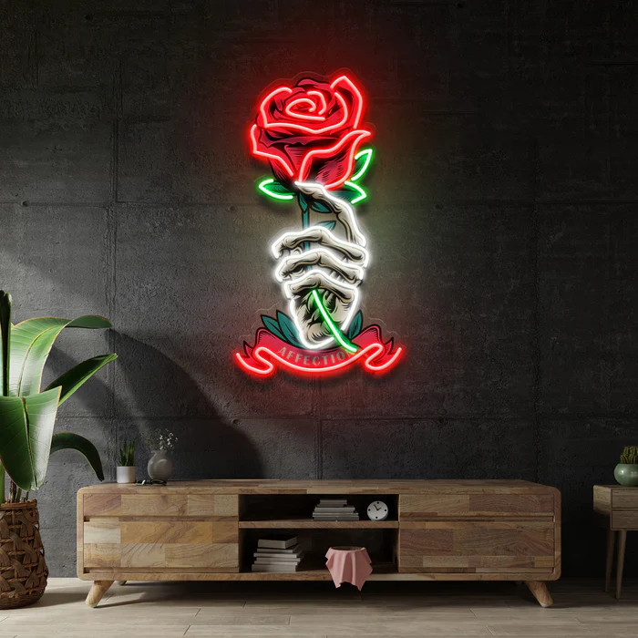 İskelet El ve Gül Neon Art – UV Baskı – Neon Led Tabela