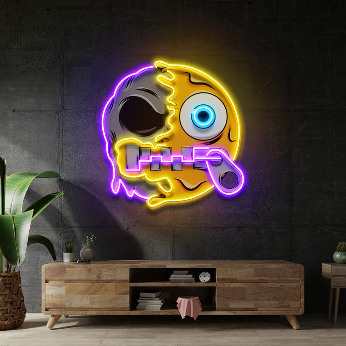 Sessizlik Emoji Kafatası Neon Art – UV Baskı – Neon Led Tabela