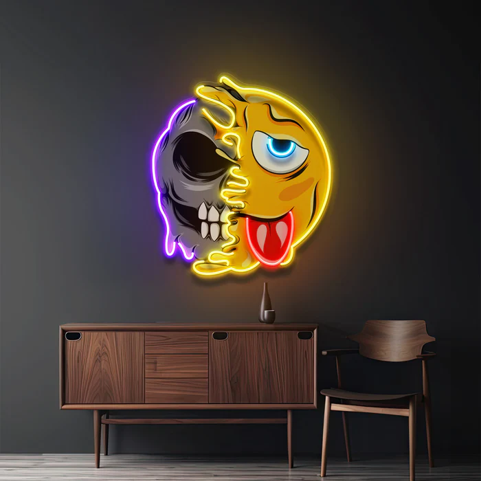 Emoji Kurukafa Neon Art – UV Baskı – Neon Led Tabela