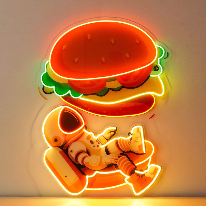 Astronot ve Hamburger Neon Art – UV Baskı – Neon Led Tabela