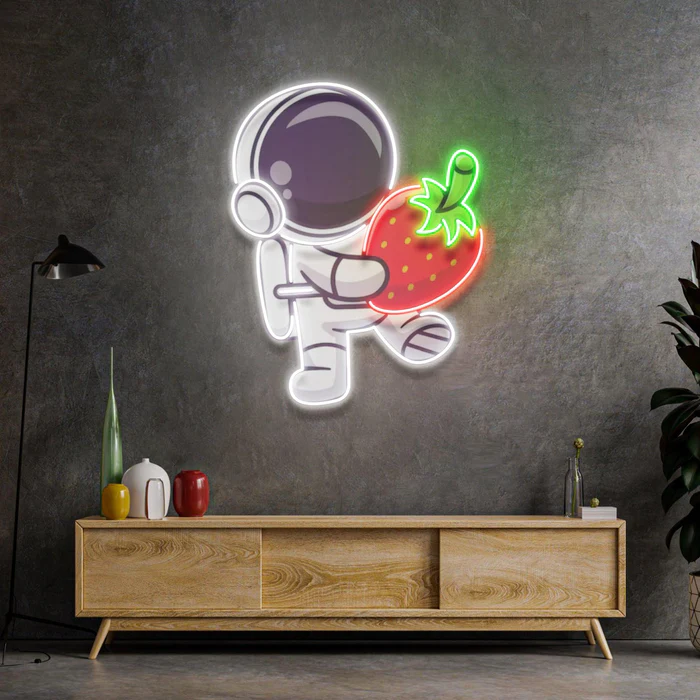 Astronot Tutan Çilek Neon Art – UV Baskı – Neon Led Tabela
