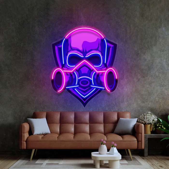 Gaz Maskeli Kurukafa Neon Art – UV Baskı – Neon Led Tabela