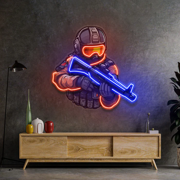 Silahlı Adam Neon Art – UV Baskı – Neon Led Tabela