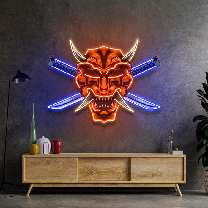 Çapraz Kılıç Maskeli Samuray Neon Art – UV Baskı – Neon Led Tabela