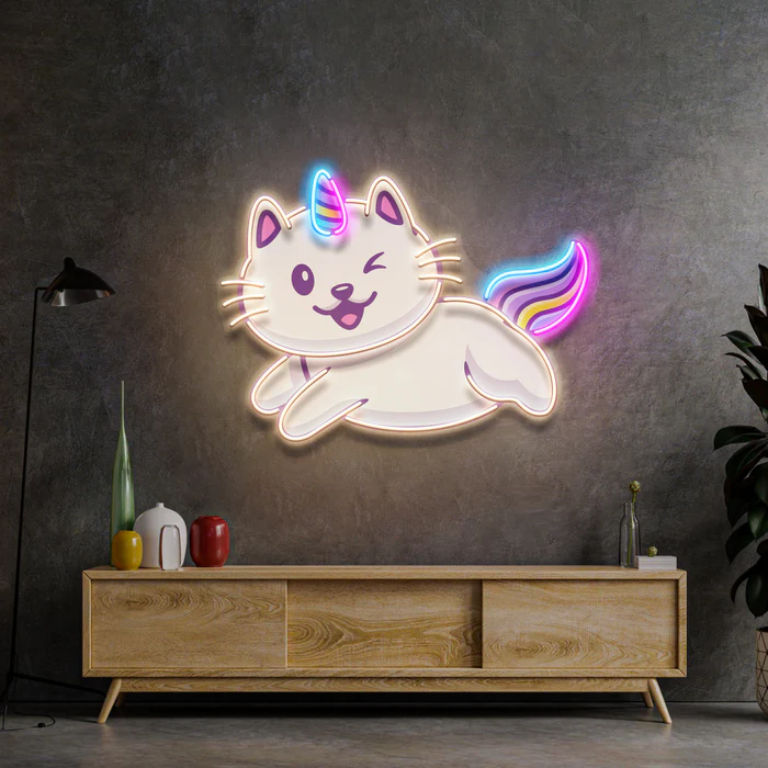 Tek Boynuzlu Kedi Neon Art – UV Baskı – Neon Led Tabela