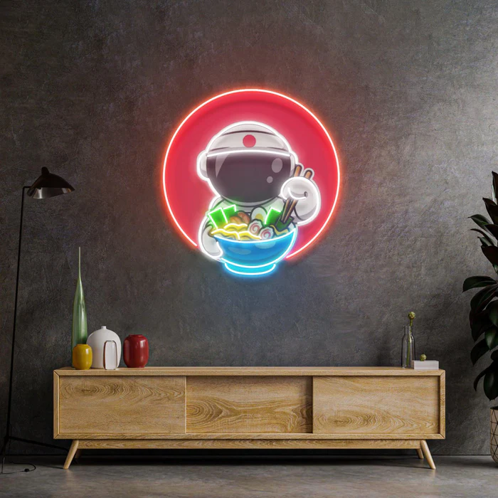 Ramen Yiyen Astronot Neon Art – UV Baskı – Neon Led Tabela
