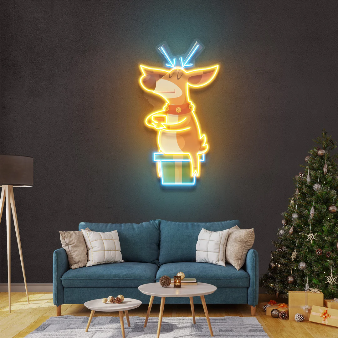 Hediye Oturan Geyik Yılbaşı Neon Led Tabela