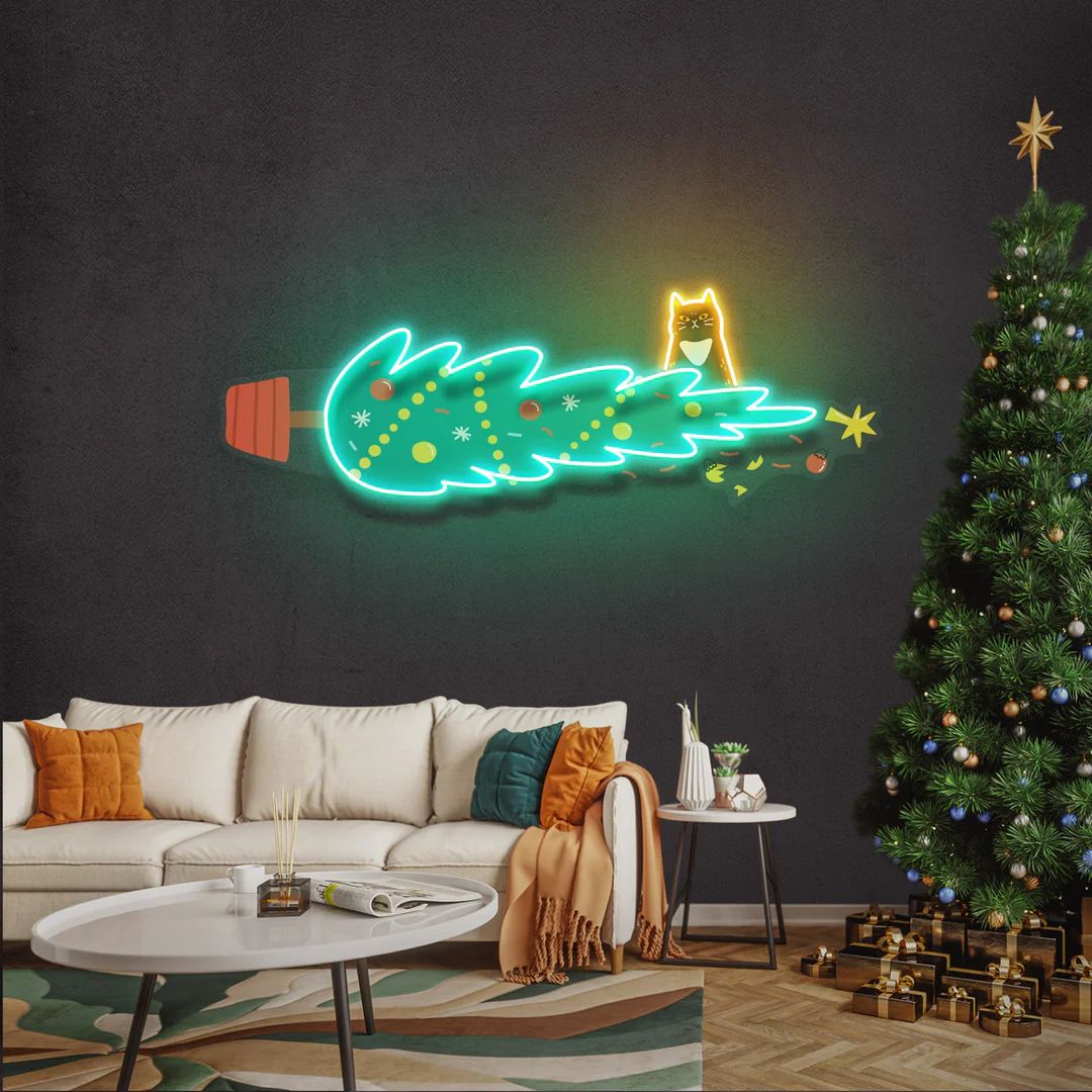 Kedi ve Yılbaşı Ağacı Neon Led Tabela