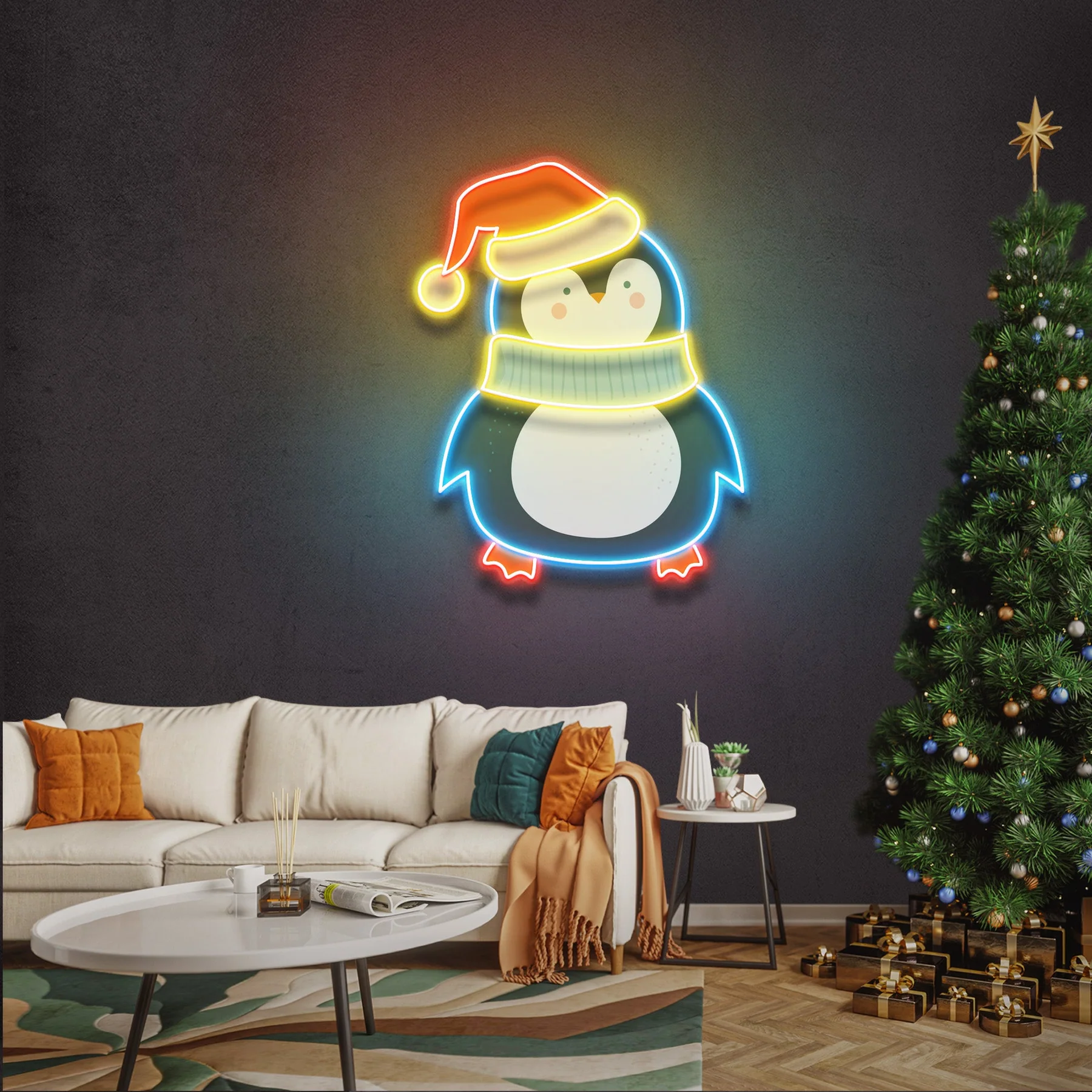 Şapkalı Penguen Yılbaşı Neon Led Tabela