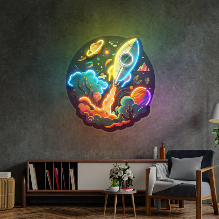 Uzay Gemisi Gezegen Evren Neon Art – UV Baskı – Neon Led Tabela