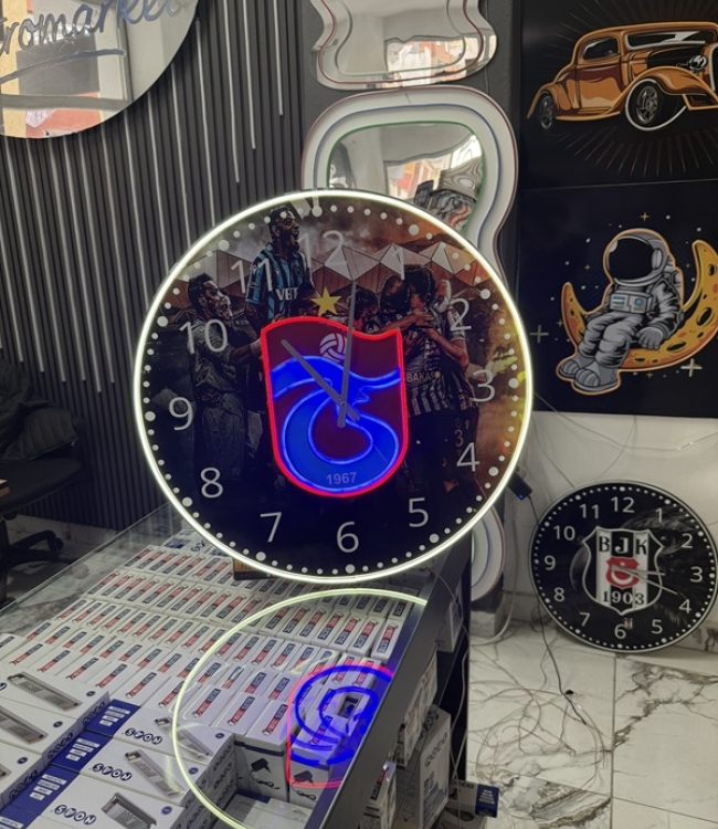 Trabzon Neon LED Saat 60 cm Bordo Mavi