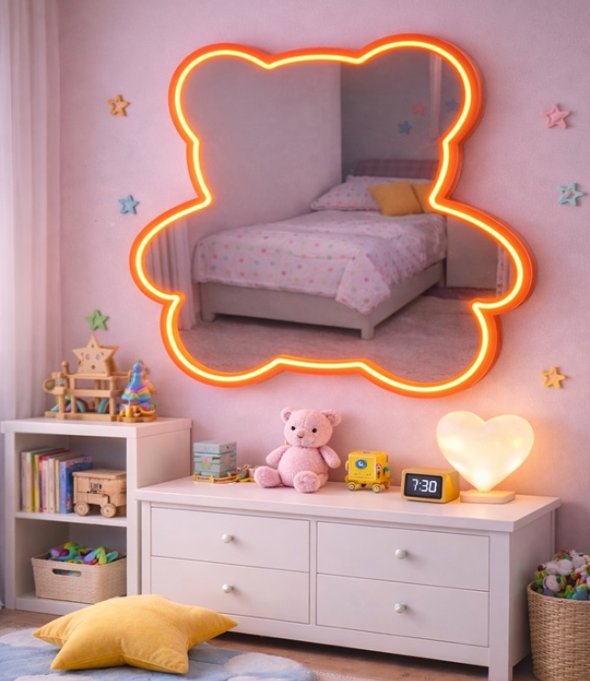 Ayıcık Neon Pleksi Ayna 62x50 - Işıklı Çocuk Odası Dekoru