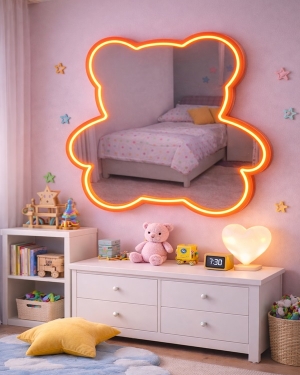 Ayıcık Neon Pleksi Ayna 62x50 - Işıklı Çocuk Odası Dekoru
