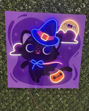 Neon Işıklı Cadı Kedi Dekoratif Duvar Tablosu 62x62 cm